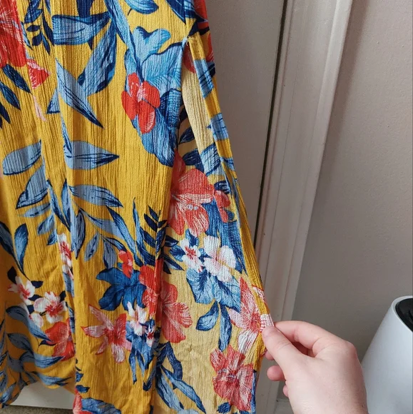 No Boundaries - Tropical Print Yellow Off-The-Shoulder Maxi Dress w/ Slit - Picture 8 of 12